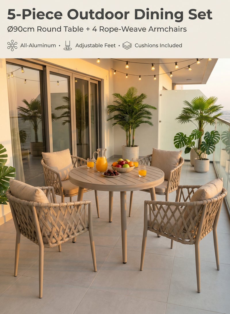 صن رايز طقم طاولة وكراسي خارجية 5 قطع من الألمنيوم، طاولة دائرية و4 كراسي بحبل منسوج مع وسائد، للتراس والحديقة والشرفة - Image 2